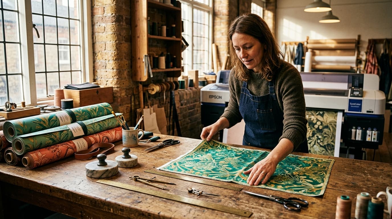 Our studio with bolts of printed luxury fabric and artisan tools